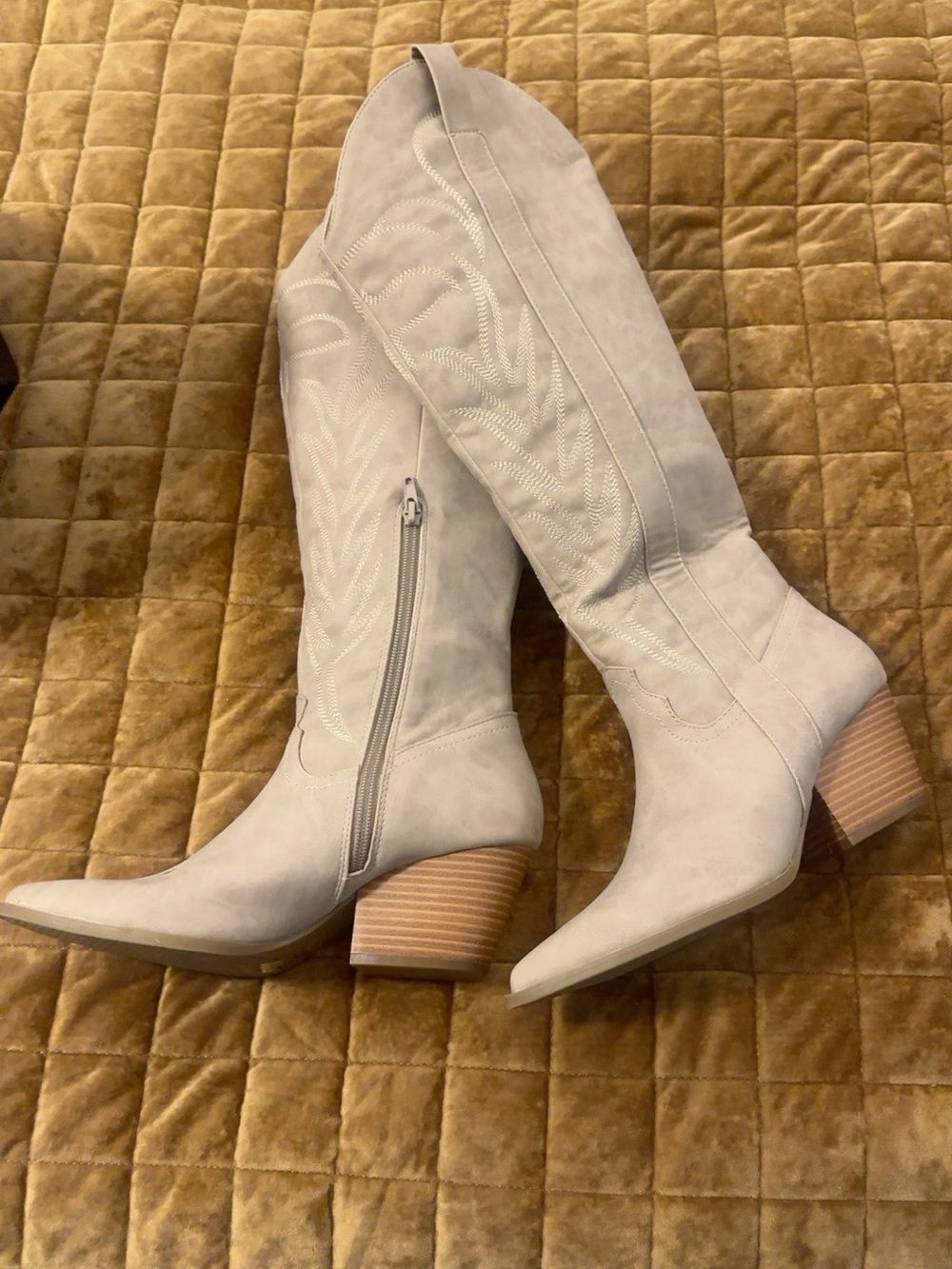 Pink Lily Western Cowboy Boots Size 7.5 Taupe Embroidered Knee High NWOT